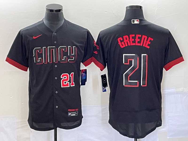 Mens Cincinnati Reds #21 Hunter Greene Number Black 2023 City Connect Flex Base Stitched Jersey